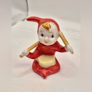 MCM Cute Vintage Pixie - Miniature Elf Figurine in Red Suit Playing Drums 1950s
